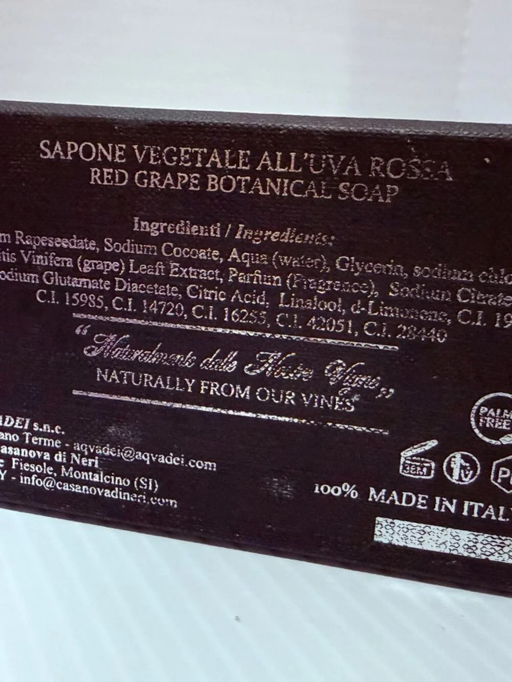 Casanova di Neri Red Grape Botanical Soap 3.5oz Italy Luxury Wine Vineyard Soap